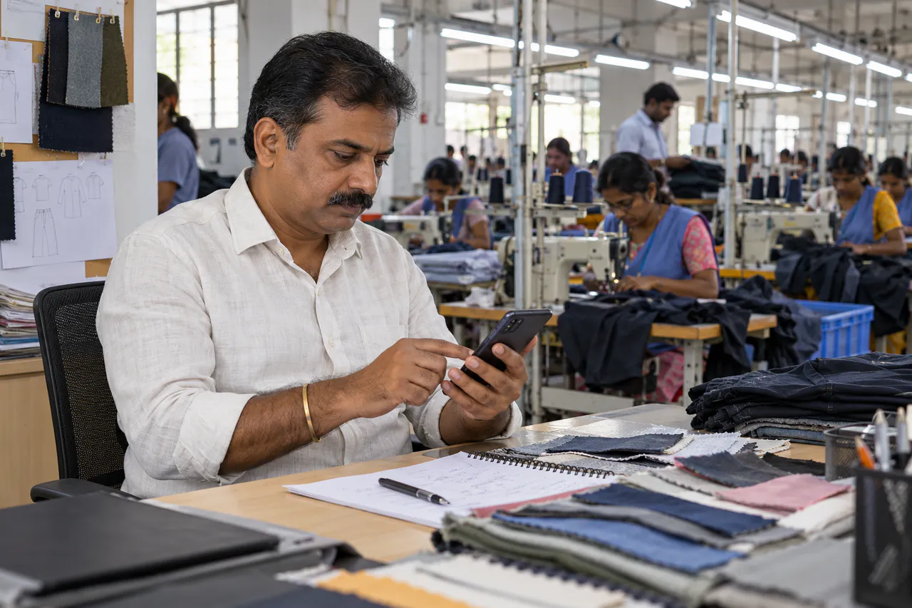 Factory owner posting a garment job on his phone